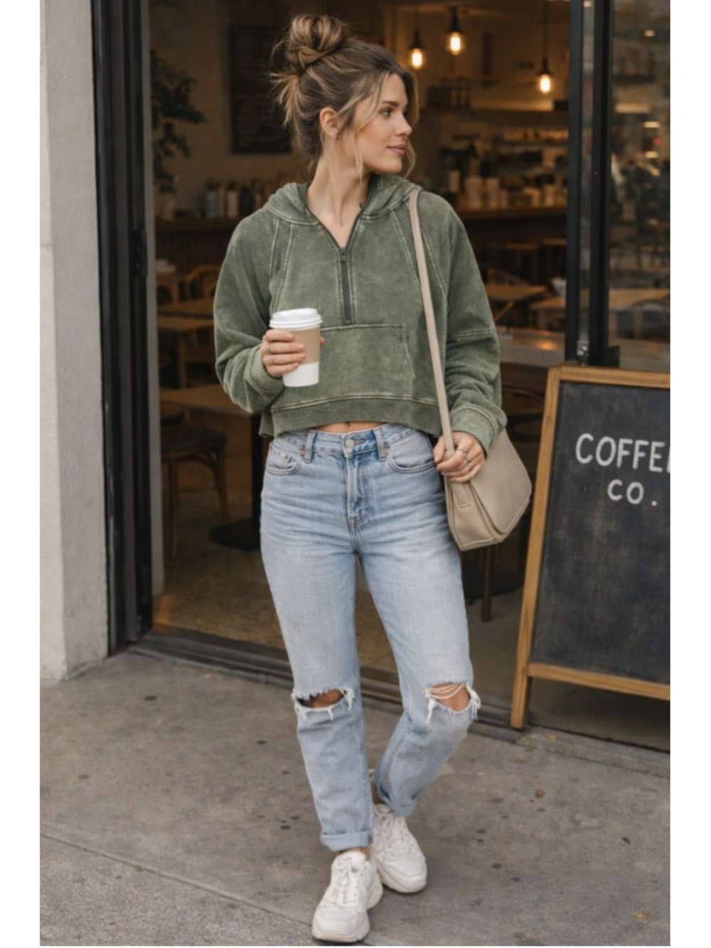 Zenana Outfitters Olive Green Cropped Hooded Sweatshirt Women’s Sz: Small